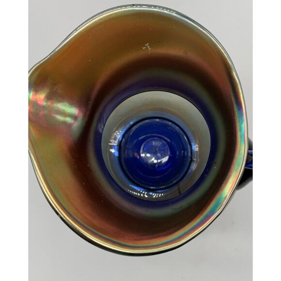 Vintage Cobalt Carnival Glass Cherry Blossom Water Pitcher Irredescent Read!! - Picture 5 of 13